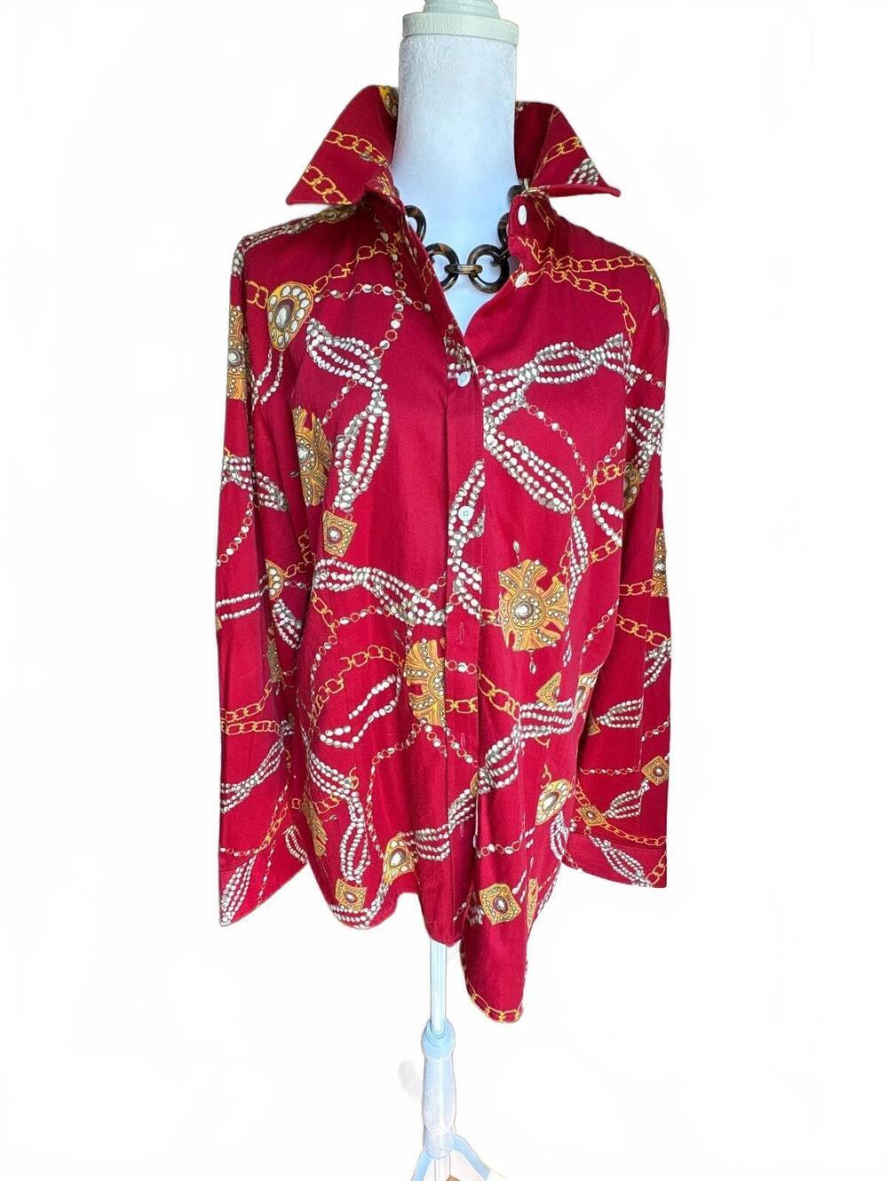 Talbots Red Button-Down Shirt with Gold Chain & Pearl Print
